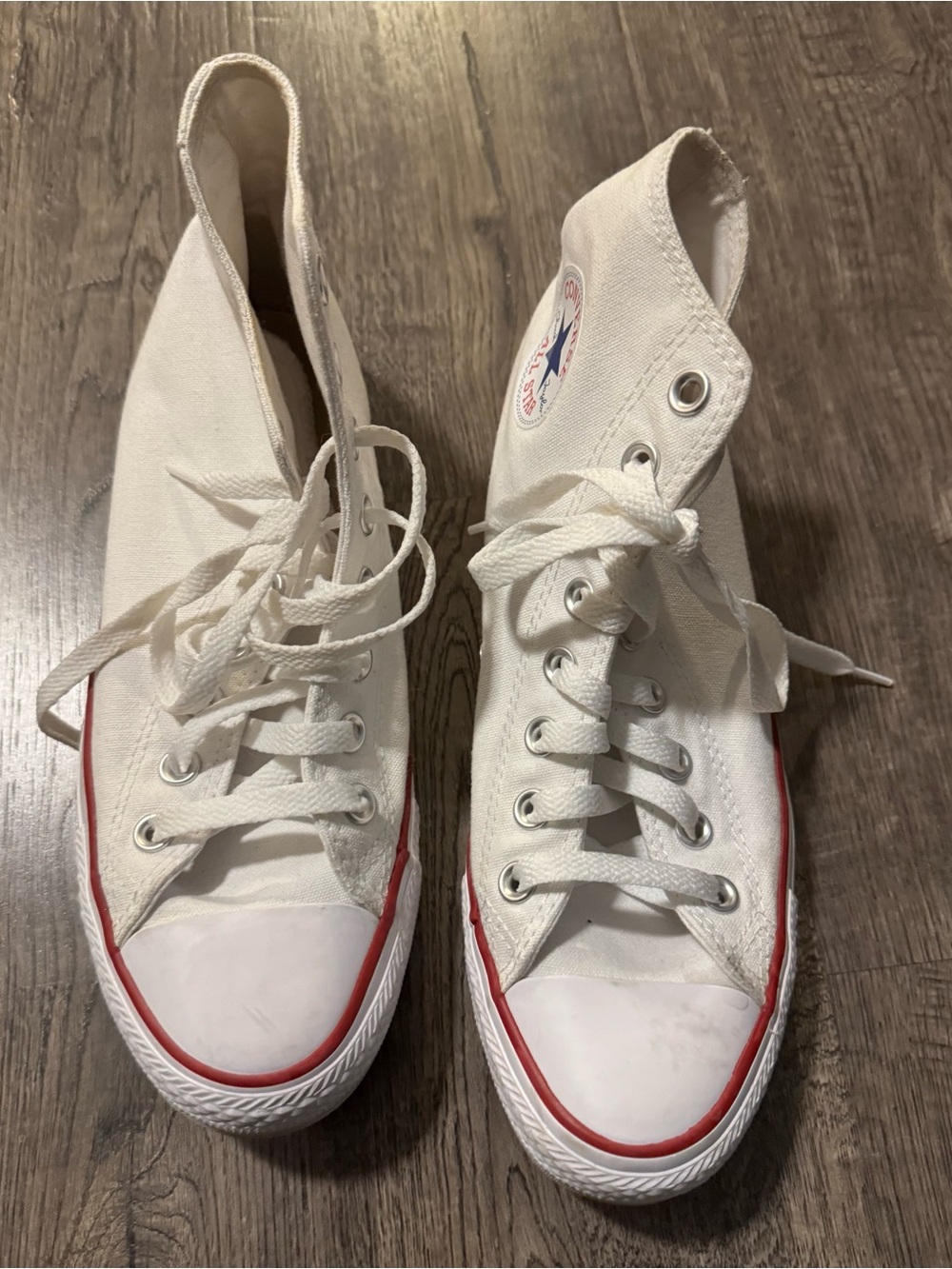 Converse White High Top Sneakers with Red Trim W8.5 M6.5